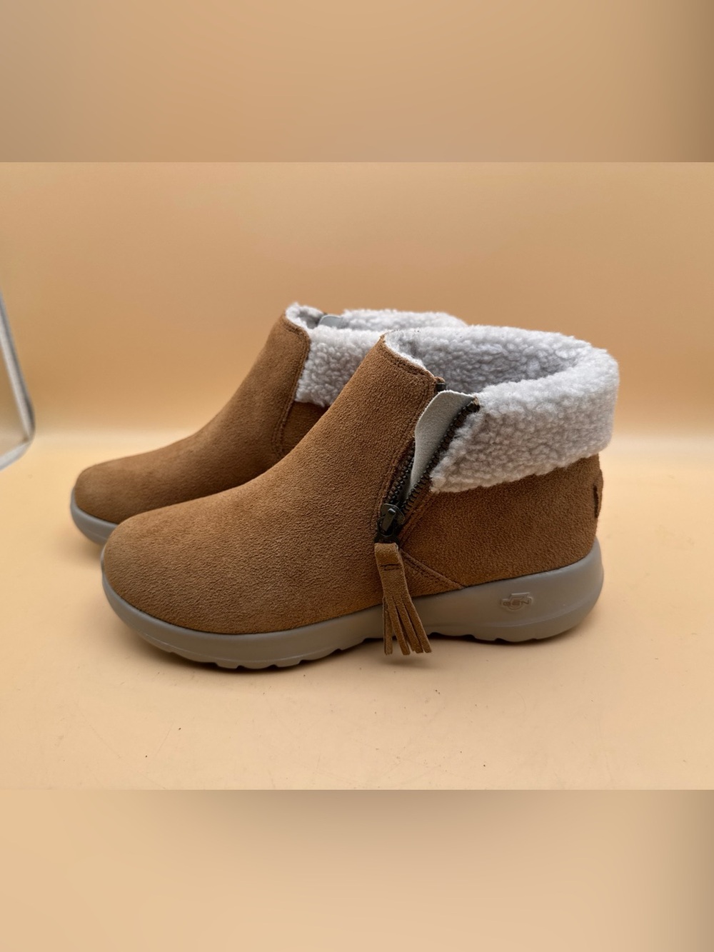 Skechers Cozy Suede Zip Ankle Boots in Chestnut Brown